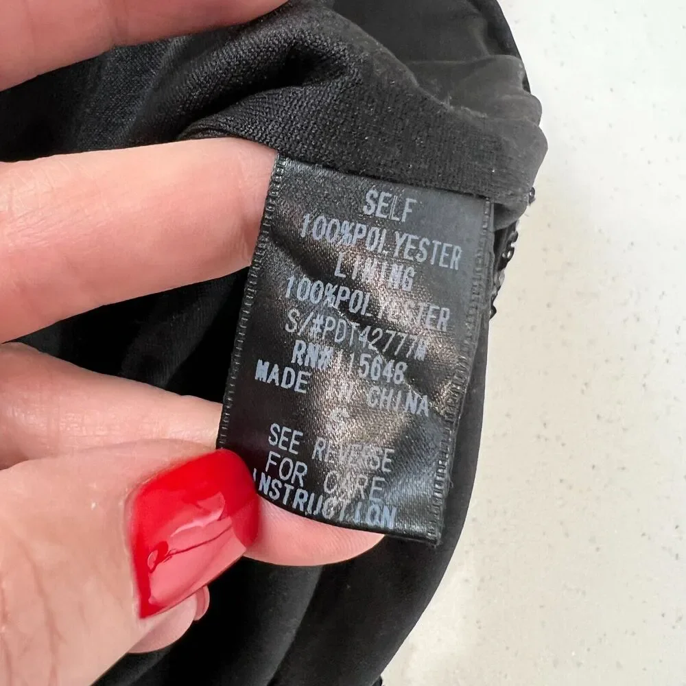BLACK Mini Dress Small Black Sequined Short Sleeve Open Back Cocktail - Picture 10 of 12